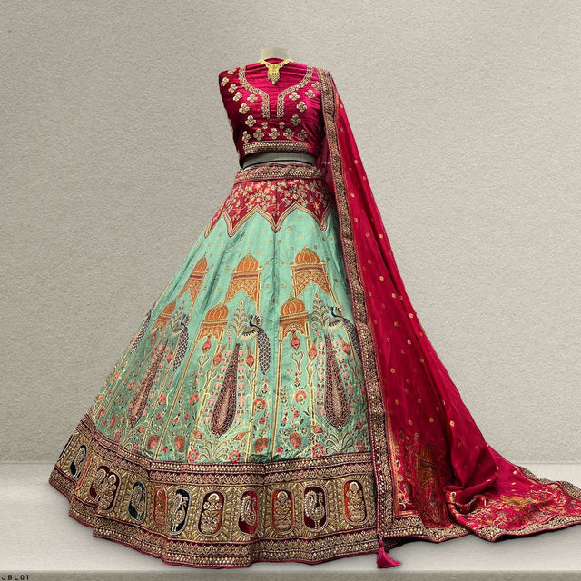Multicolor festive Banarasi lehenga with red-gold blouse and teal embroidered skirt, dupatta