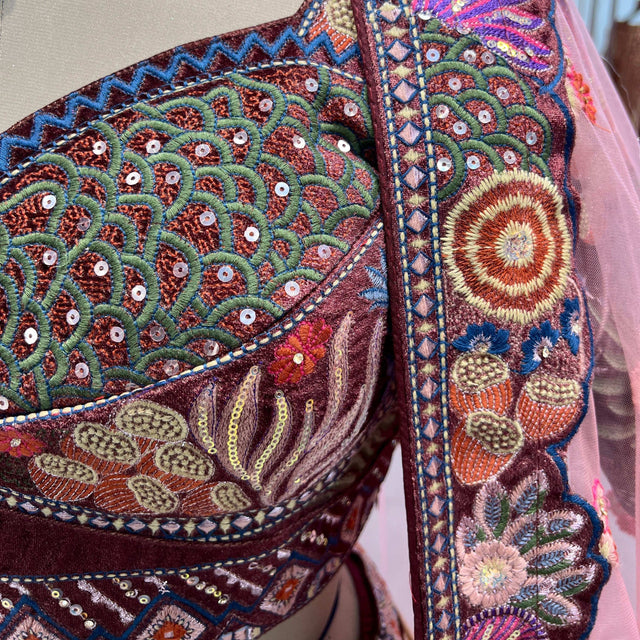 Embellished velvet blouse with sequined multicolor embroidery and sheer pink dupatta
