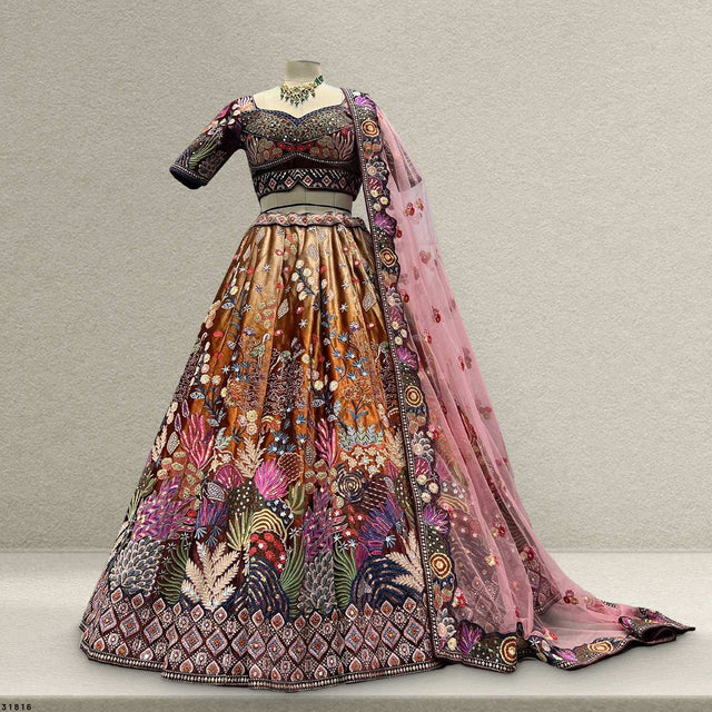 Embroidered multicolor velvet lehenga with stitched blouse and pink sheer dupatta