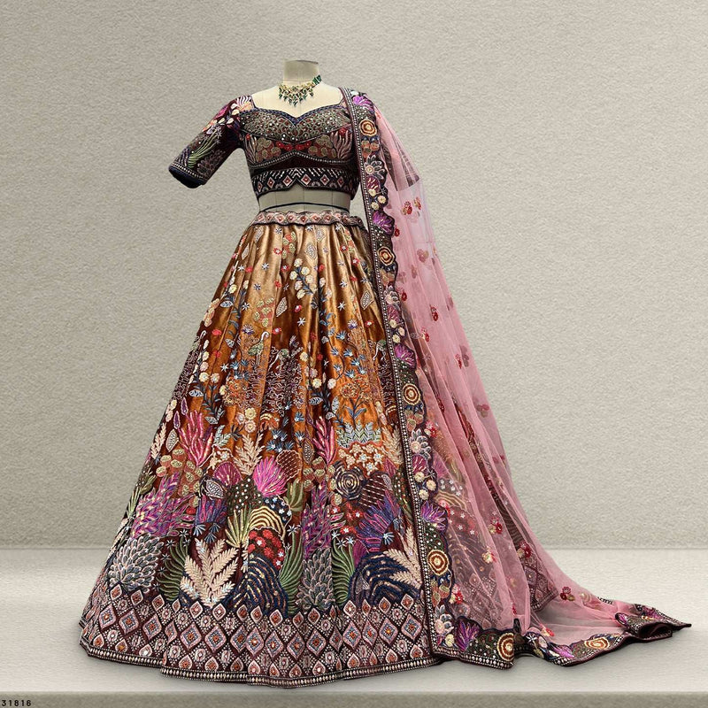 Embroidered multicolor velvet lehenga with stitched blouse and pink sheer dupatta