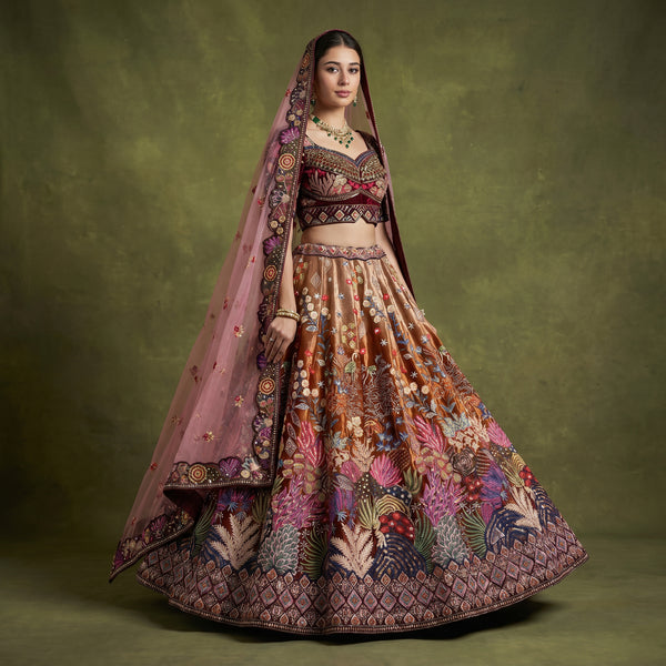 Multicolor velvet lehenga with embroidered blouse and sheer dupatta