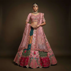 Pink embroidered lehenga with matching blouse and sheer dupatta drape