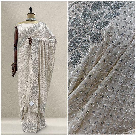 JMS_Studio Designer Boutique Crape Silk Offwhite Partywear Saree - JMS Studio