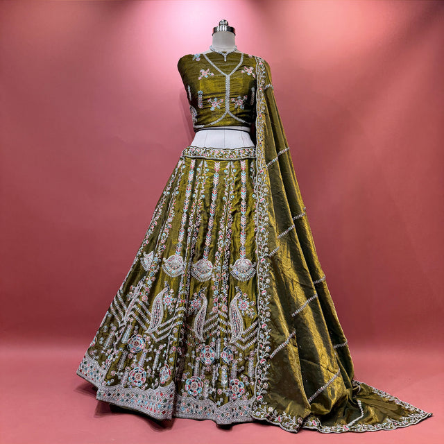 Olive green embroidered lehenga with gold-toned floral motifs and matching dupatta