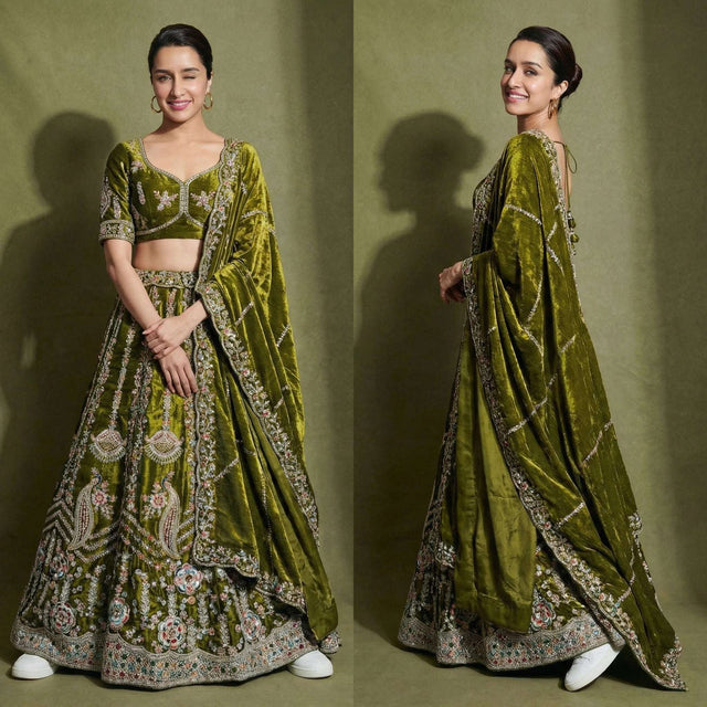Olive embroidered lehenga with blouse and dupatta, multicolor sequin motifs
