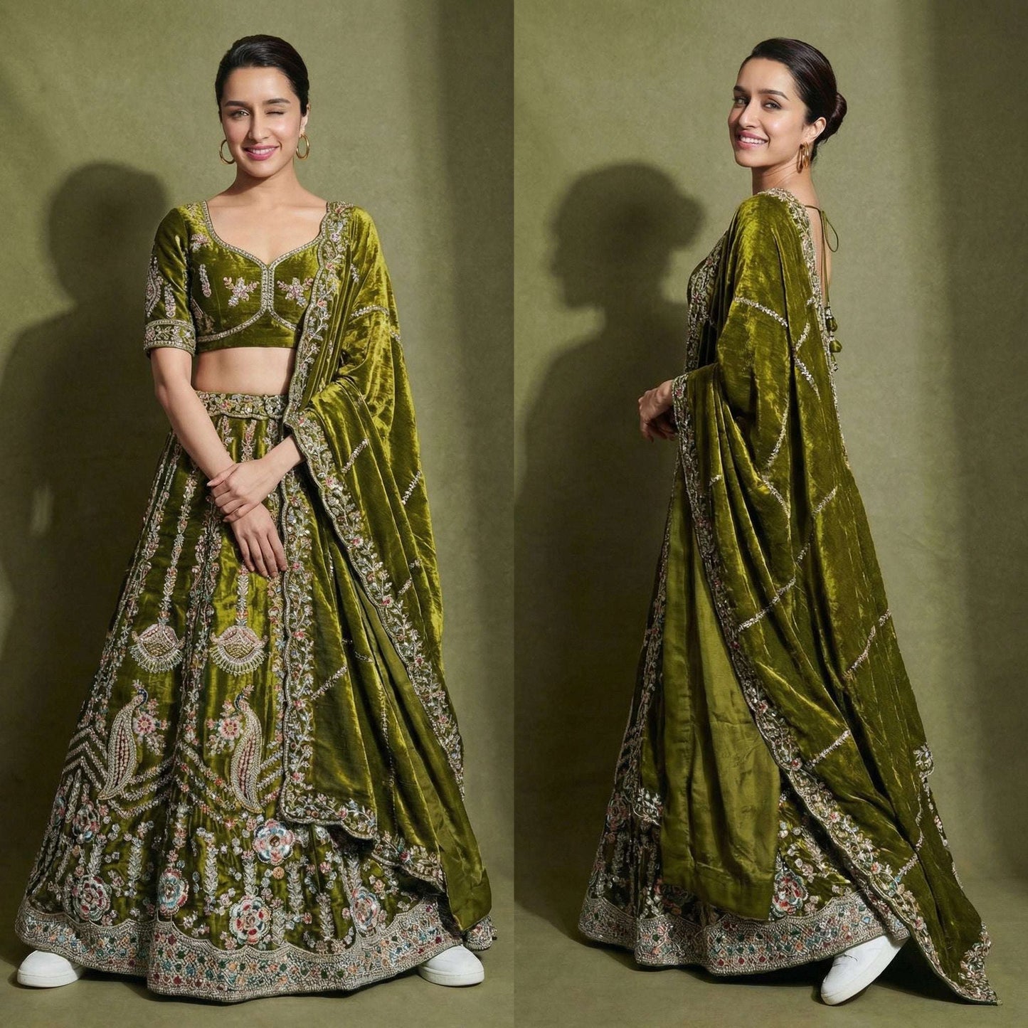 Padmini - Tissue Silk Embroidered Partywear Sider Lehenga Choli - Olive