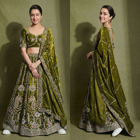 Padmini - Tissue Silk Embroidered Partywear Sider Lehenga Choli - Olive