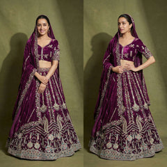 Embroidered wine lehenga set with matching blouse and sheer dupatta, ornate border