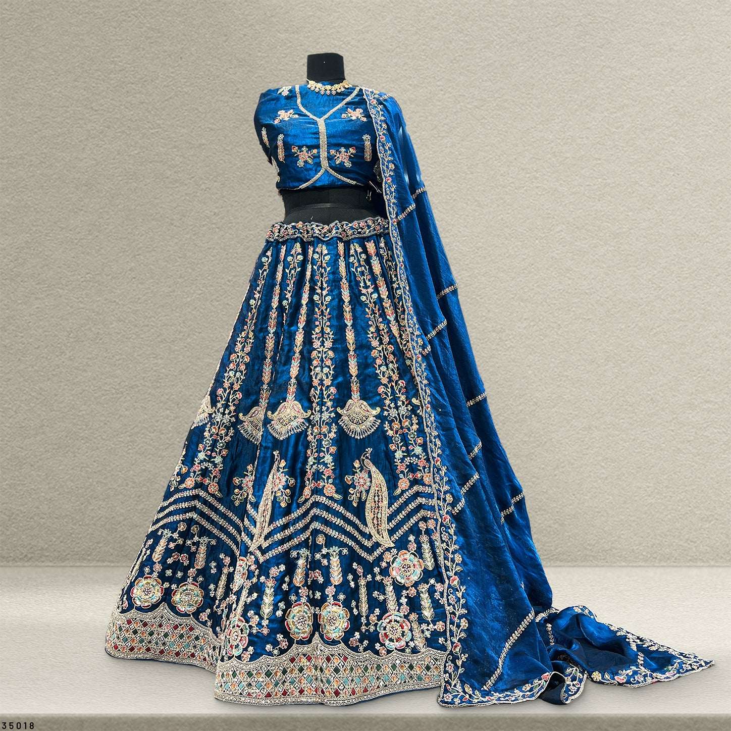 Padmini - Tissue Silk Embroidered Partywear Sider Lehenga Choli - Blue