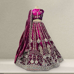 Embroidered wine lehenga skirt with jeweled motifs and wide patterned hem