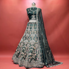 Bottle green organza lehenga with zari and resham floral jaal, embroidered flared skirt