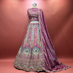 Dusty rose lehenga with peacock fan embroidery, zari & resham detailing, matching dupatta