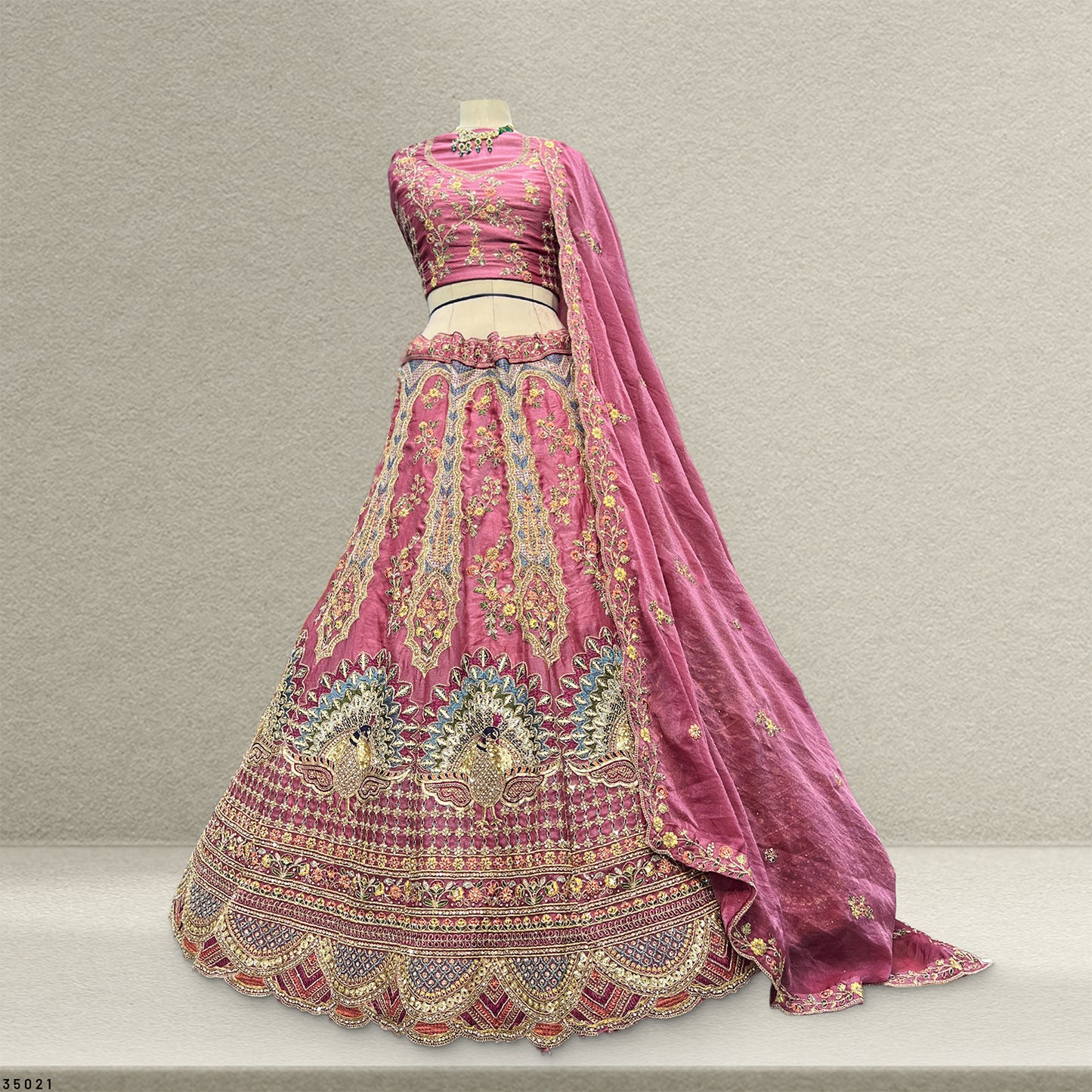 Padmini - Tissue Silk Zari & Resham Work Partywear Pink Lehenga