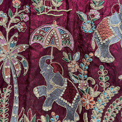 Maroon embroidered tissue silk fabric with gold, teal, and silver floral motifs