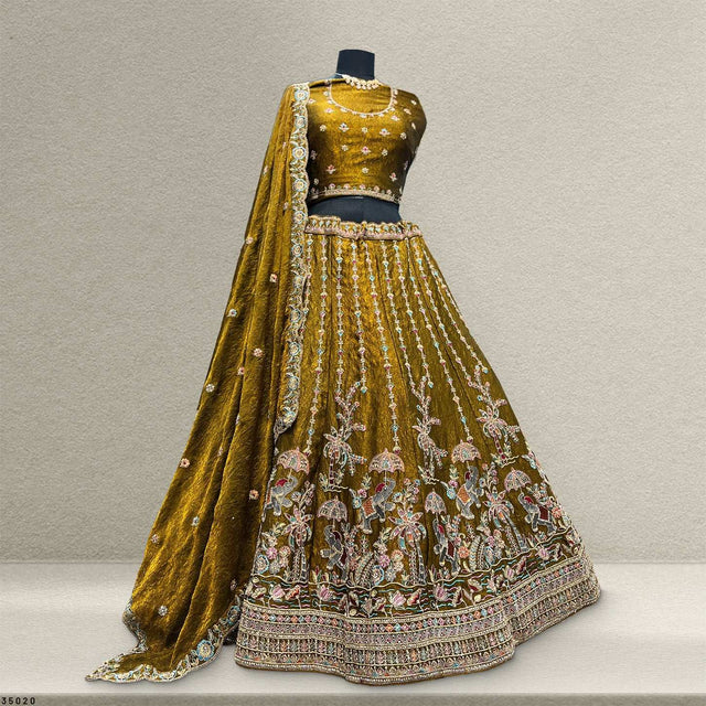 Gold lehenga skirt with heavy embellished hem, embroidered blouse, draped dupatta