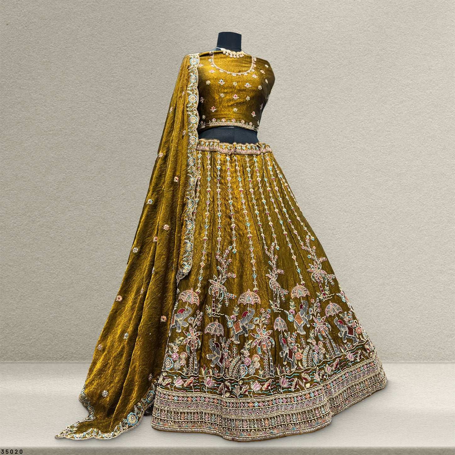Padmini - Tissue Silk Zari & Resham Work Partywear Golden Brown Lehenga