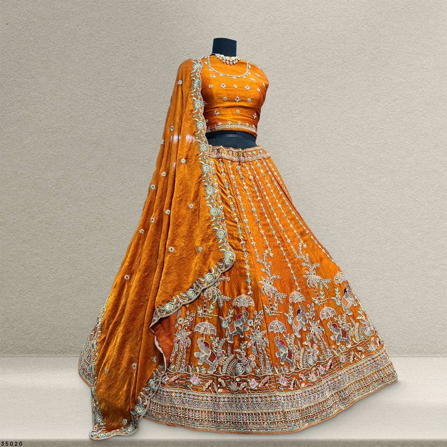 Padmini - Tissue Silk Zari & Resham Work Partywear Orange Lehenga