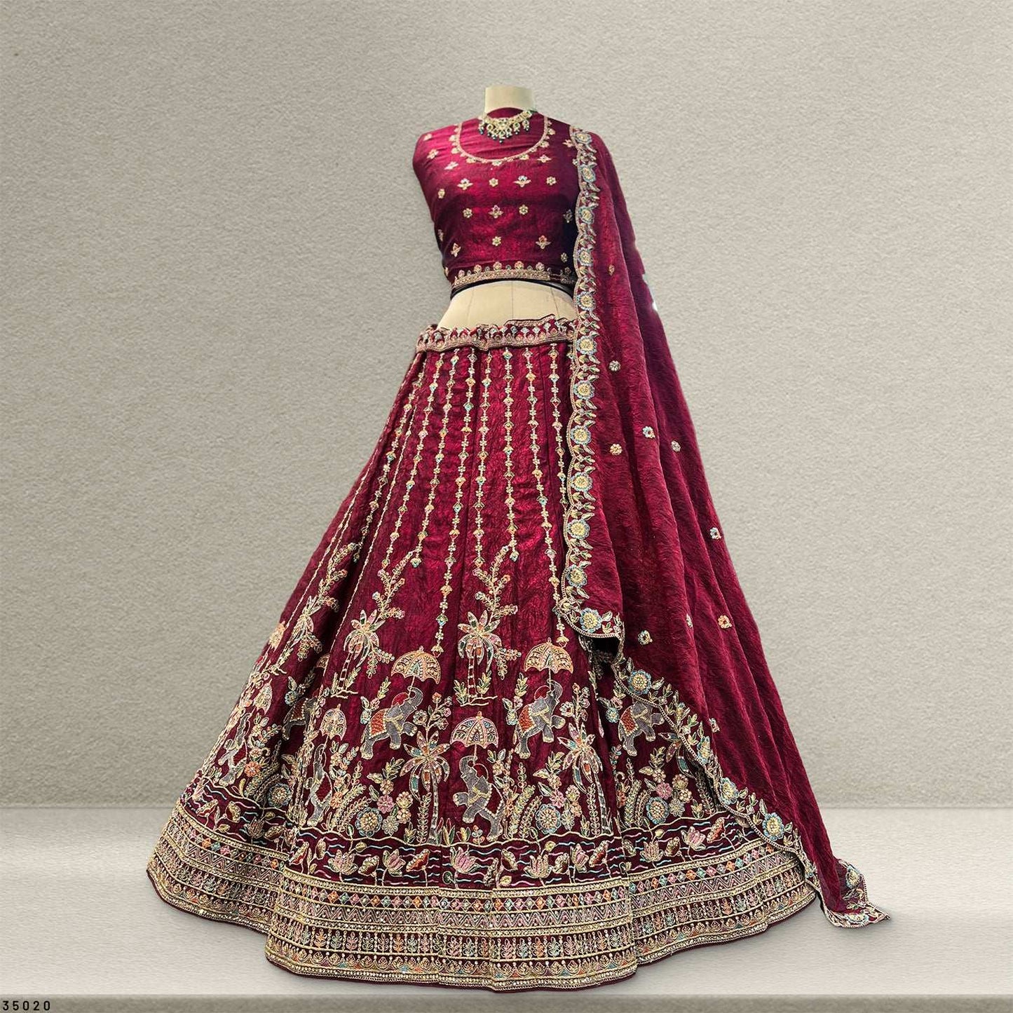 Padmini - Tissue Silk Zari & Resham Work Partywear Maroon Lehenga