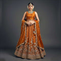 Orange tissue silk lehenga with zari embroidery and embroidered border, full flare skirt