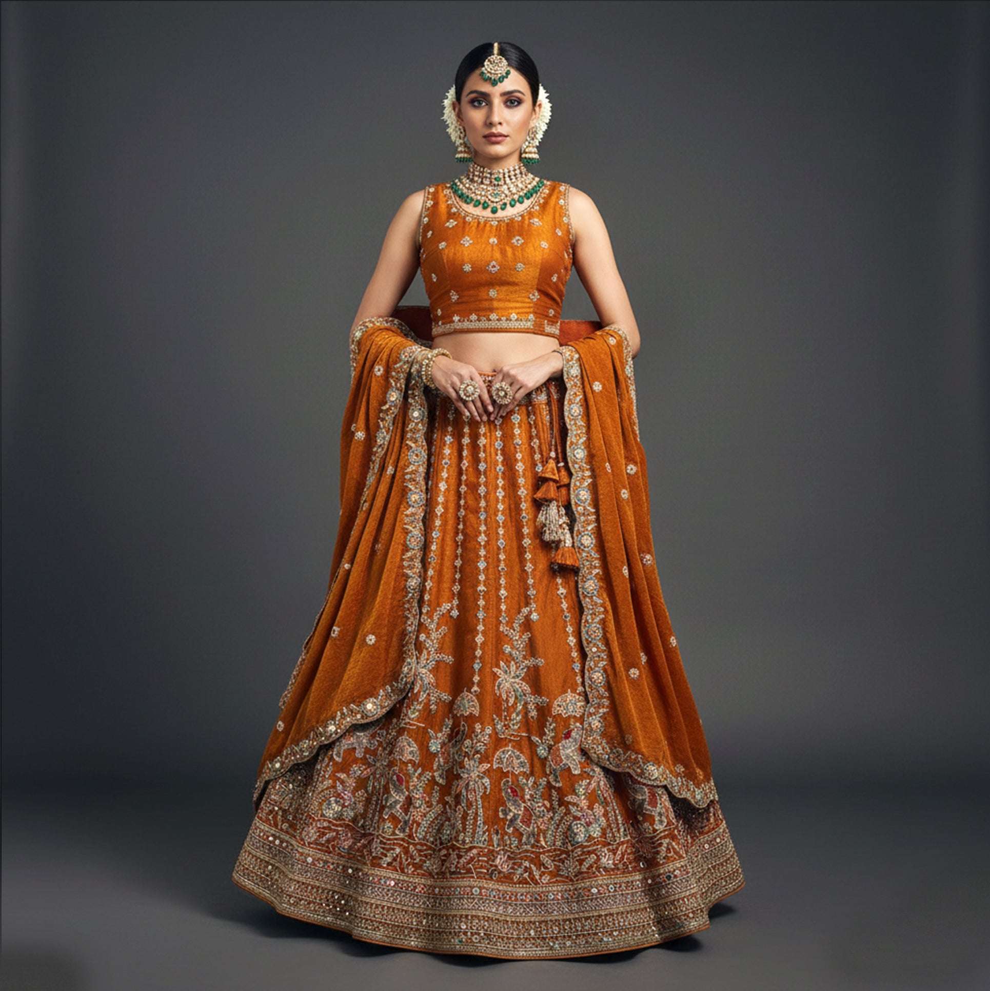 Padmini - Tissue Silk Zari & Resham Work Partywear Orange Lehenga