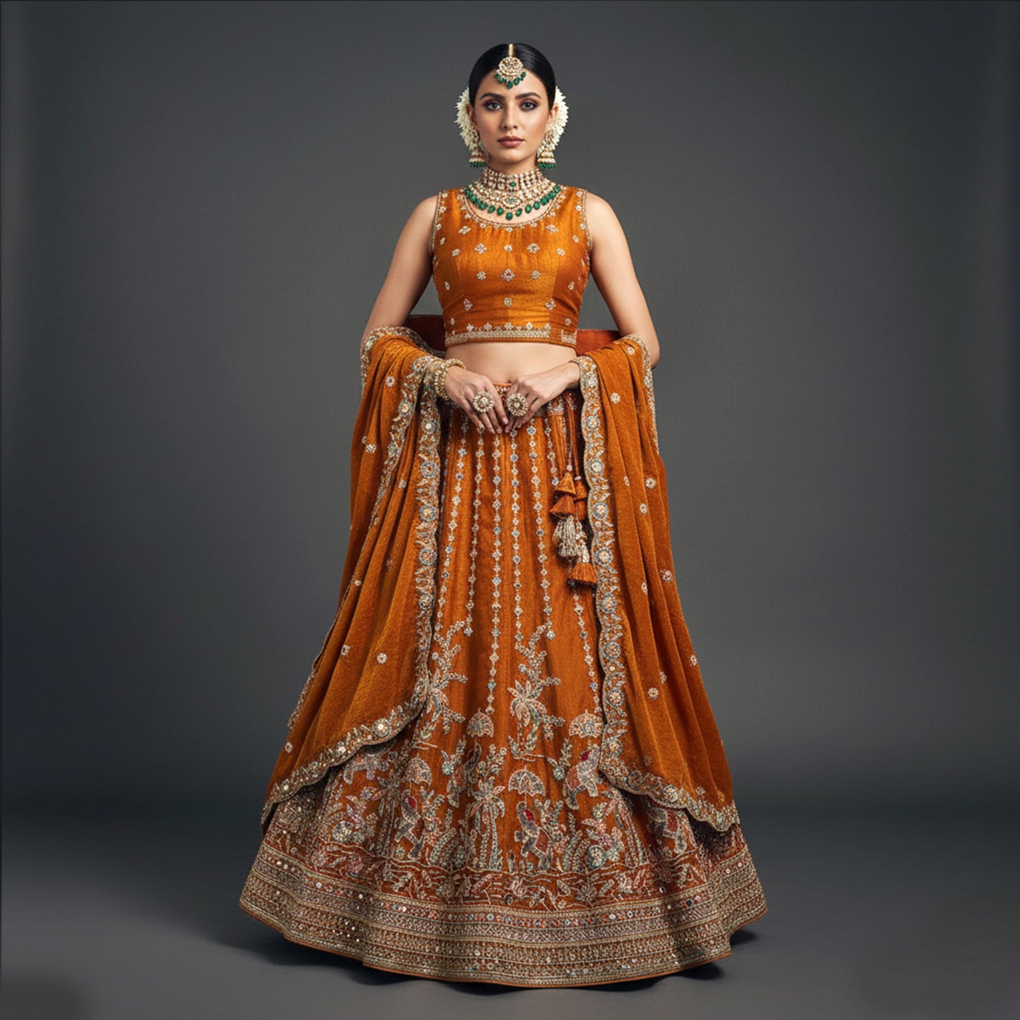 Padmini - Tissue Silk Zari & Resham Work Partywear Orange Lehenga