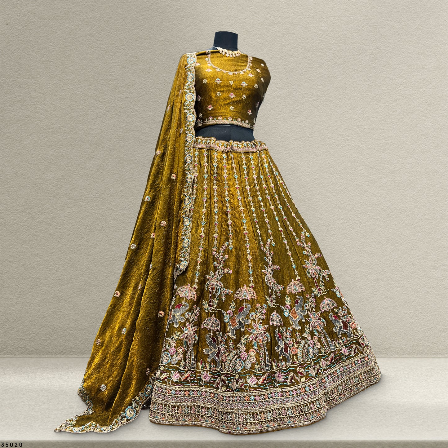 Padmini - Tissue Silk Zari & Resham Work Partywear Golden Brown Lehenga