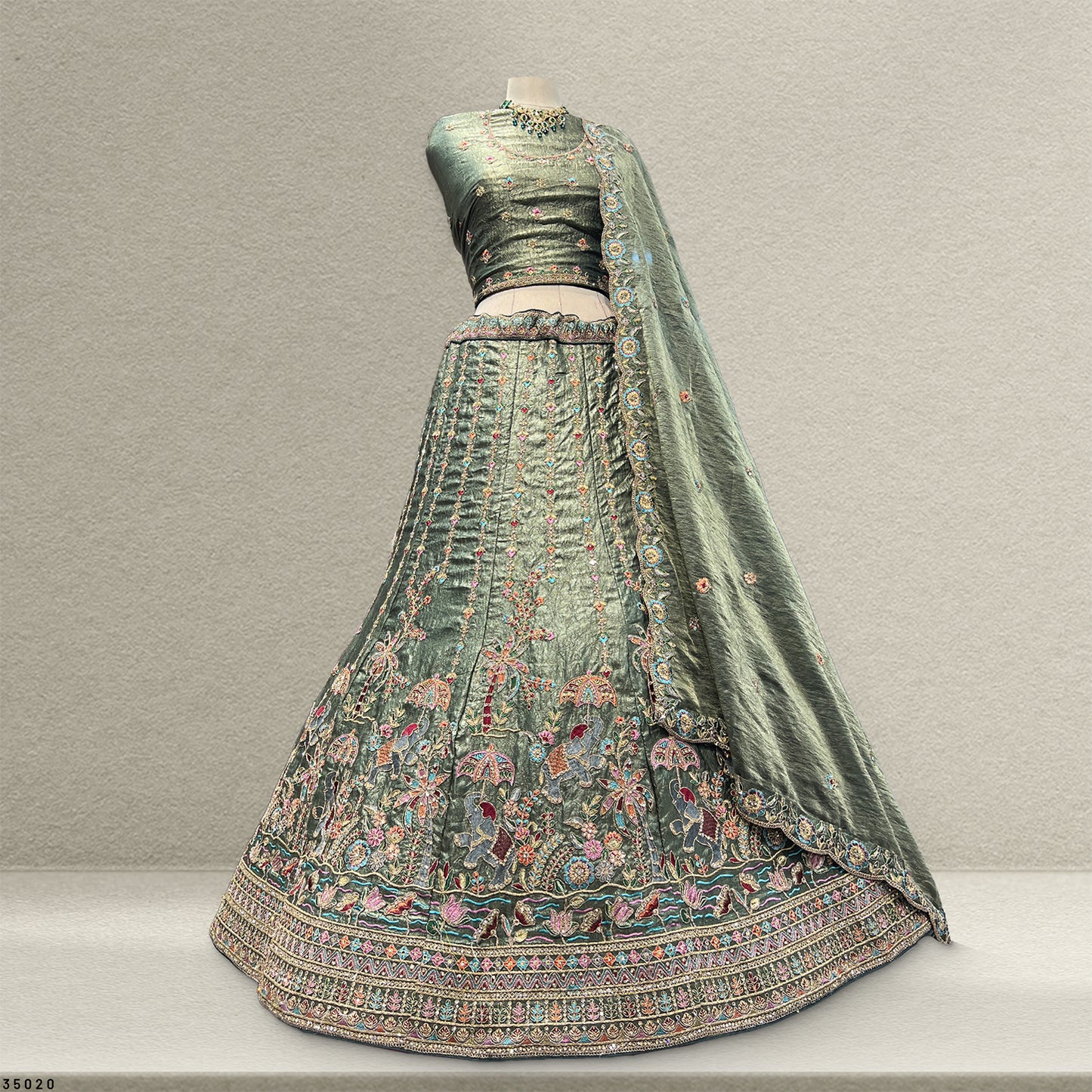 Padmini - Tissue Silk Zari & Resham Work Partywear Olive Lehenga