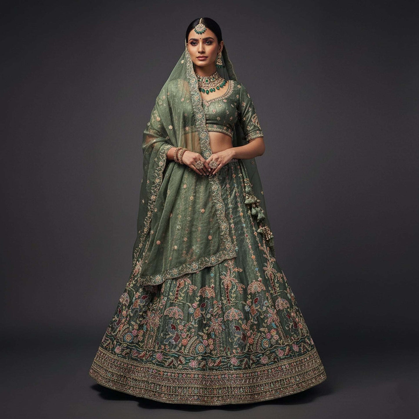 Padmini - Tissue Silk Zari & Resham Work Partywear Olive Lehenga