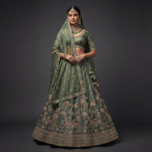 Padmini - Tissue Silk Zari & Resham Work Partywear Olive Lehenga