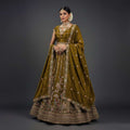 Olive gold lehenga with zari border, embroidered blouse and matching dupatta