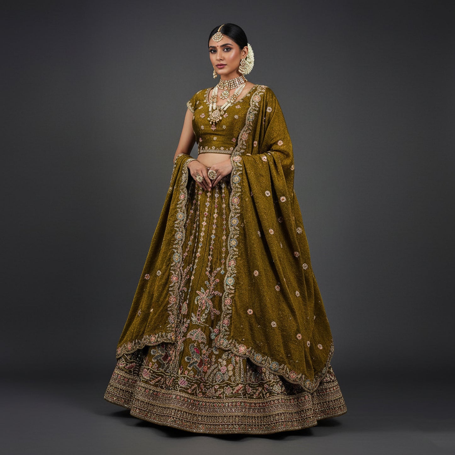 Padmini - Tissue Silk Zari & Resham Work Partywear Golden Brown Lehenga