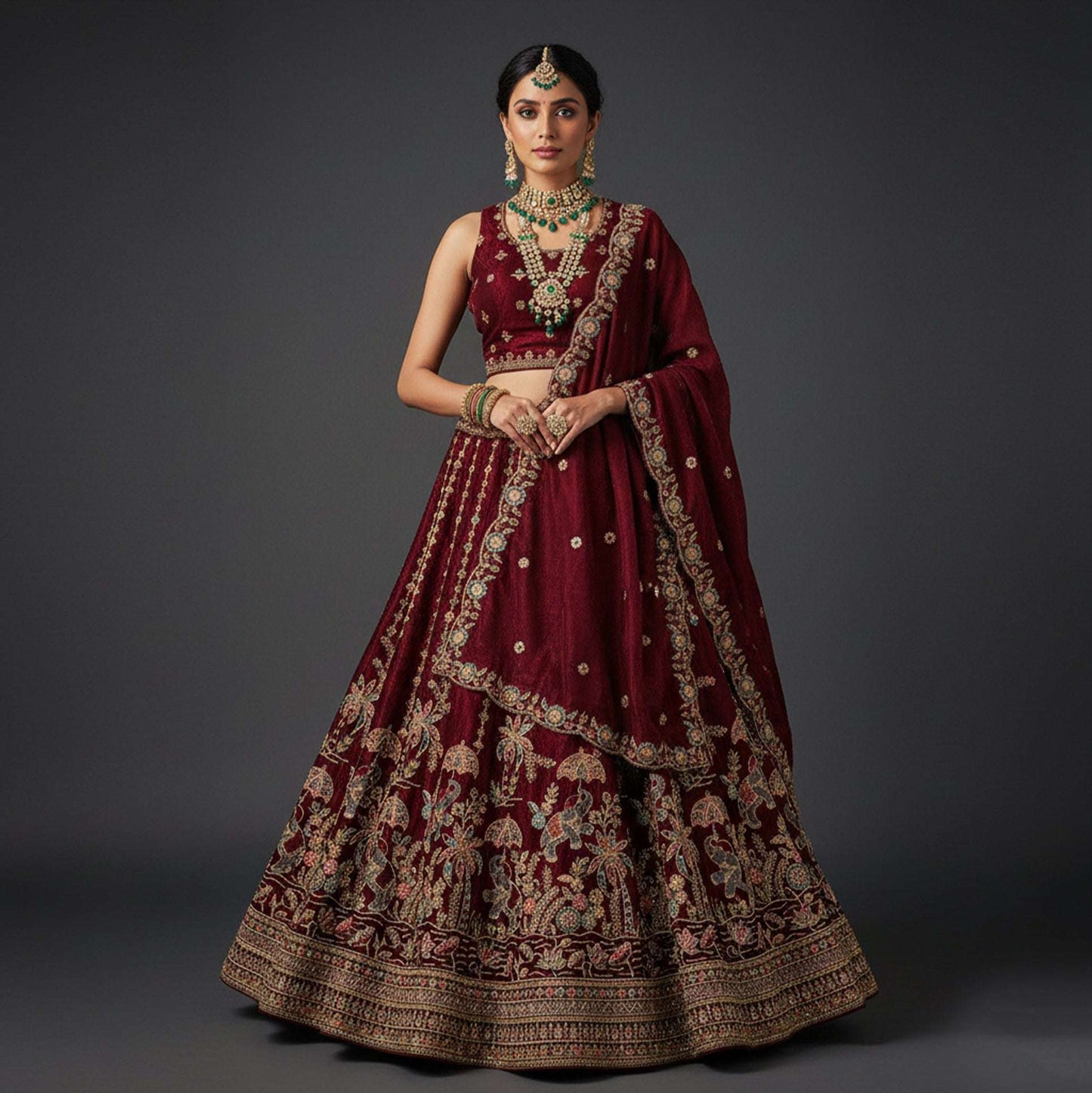 Padmini - Tissue Silk Zari & Resham Work Partywear Maroon Lehenga