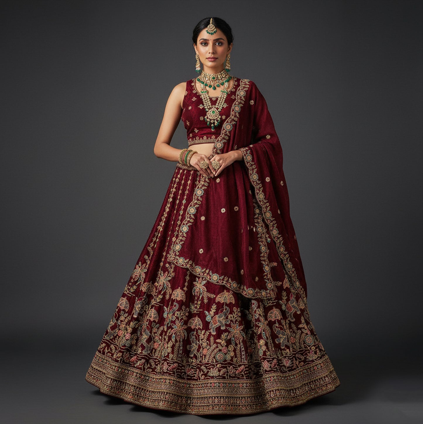 Padmini - Tissue Silk Zari & Resham Work Partywear Maroon Lehenga
