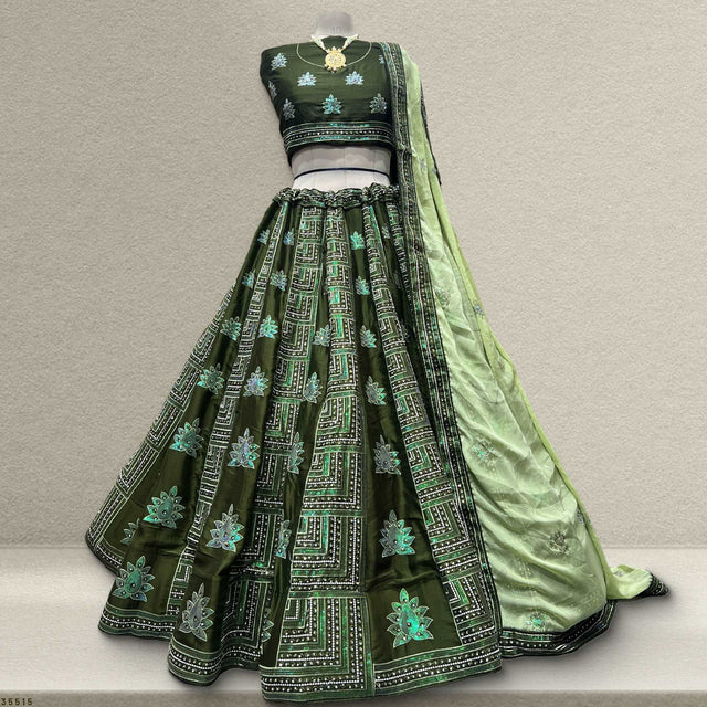 Green georgette lehenga skirt with ornate floral print and light green side drape