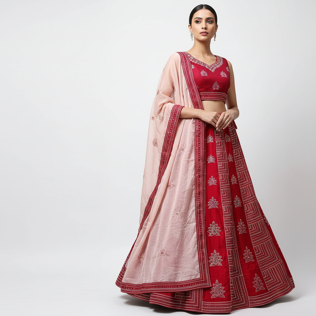 Fuchsia pink lehenga set with embroidered blouse, full skirt, and blush dupatta