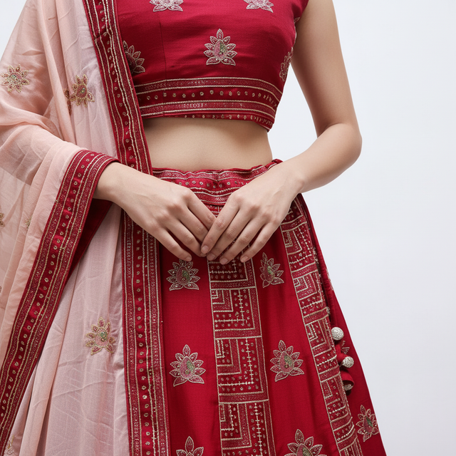 Fuchsia blouse and lehenga waist with floral embroidery and coordinated belt trim
