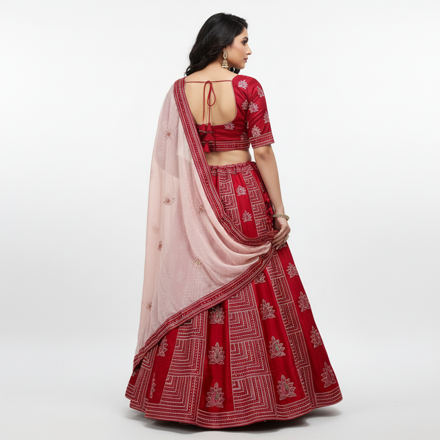Back-view fuchsia pink lehenga set with embroidered blouse, full skirt, and blush dupatta