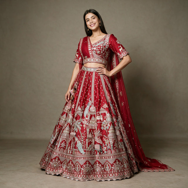 Red raw silk bridal lehenga with palace and peacock border and net dupatta, worn