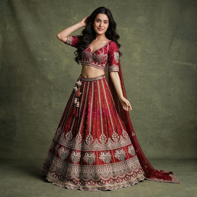 Cherry red bridal lehenga with embroidered blouse and matching dupatta, flared skirt