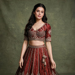 Cherry red embroidered crop blouse and flared lehenga skirt with waist border