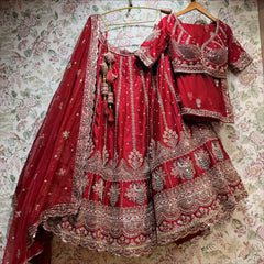 Royal Baggi - Cherry Red Raw Silk 12-Kali Bridal Lehenga with Double Dupatta