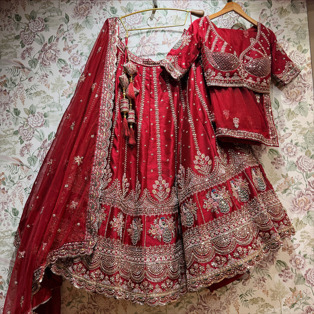 Royal Baggi - Cherry Red Raw Silk 12-Kali Bridal Lehenga with Double Dupatta