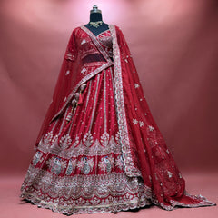 Royal Baggi - Cherry Red Raw Silk 12-Kali Bridal Lehenga with Double Dupatta