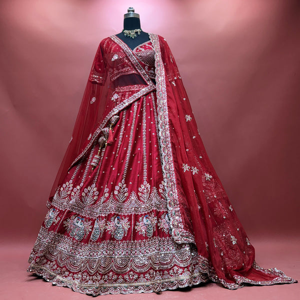 Royal Baggi - Cherry Red Raw Silk 12-Kali Bridal Lehenga with Double Dupatta