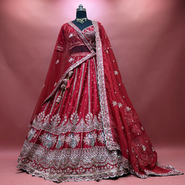 Royal Baggi - Cherry Red Raw Silk 12-Kali Bridal Lehenga with Double Dupatta