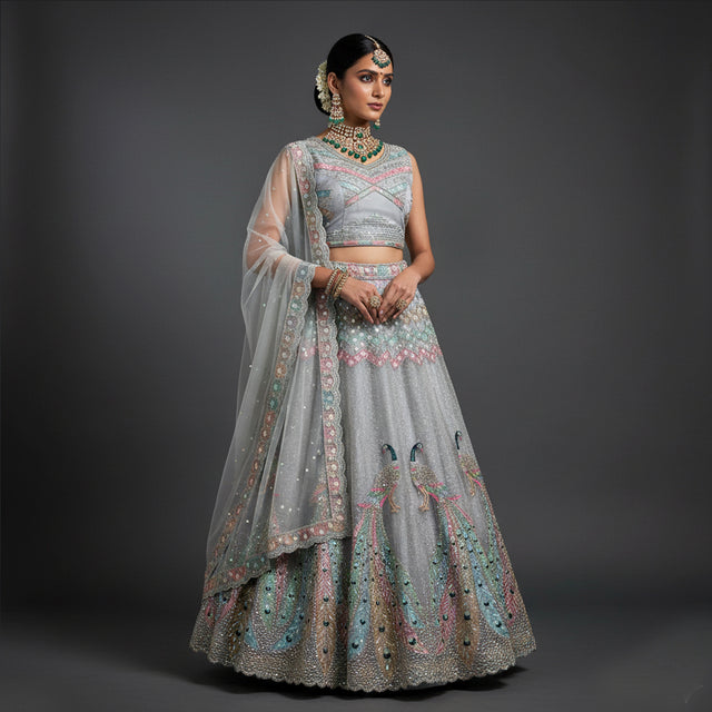 Grey embellished lehenga set with peacock motif crop blouse, flared skirt, sheer dupatta