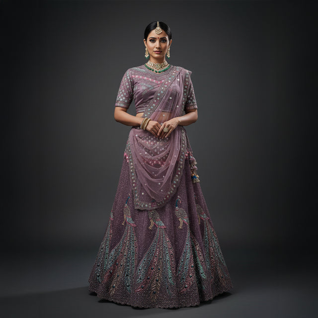 Embroidered mauve bridesmaid lehenga with peacock motif, fitted blouse and dupatta
