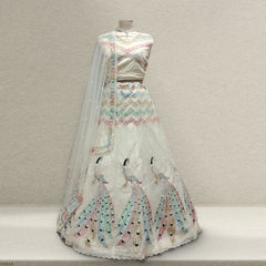 Butterfly - The Dazzling Peacock Motif Bridesmaid Lehenga White - JMS Studio