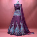 Butterfly wine net peacock motif lehenga with sequined skirt and sheer dupatta