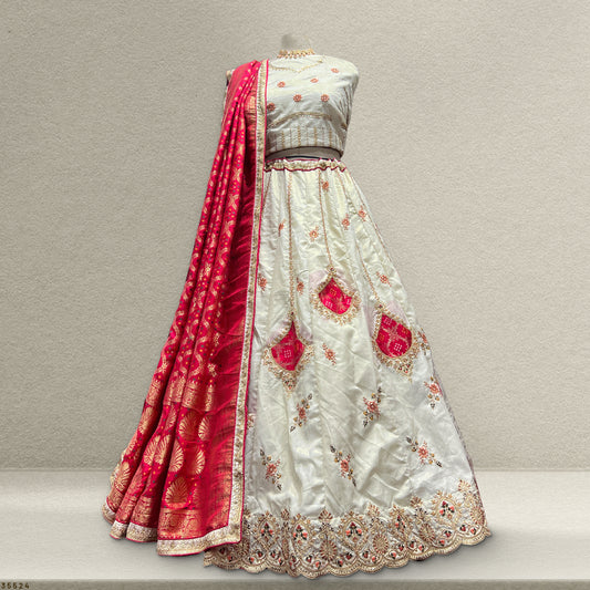 Aisha - Silk Embroidered Lehenga With Bandhej Dupatta Off White